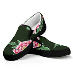 Japanese Peony Print Black Slip On Shoes