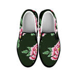 Japanese Peony Print Black Slip On Shoes