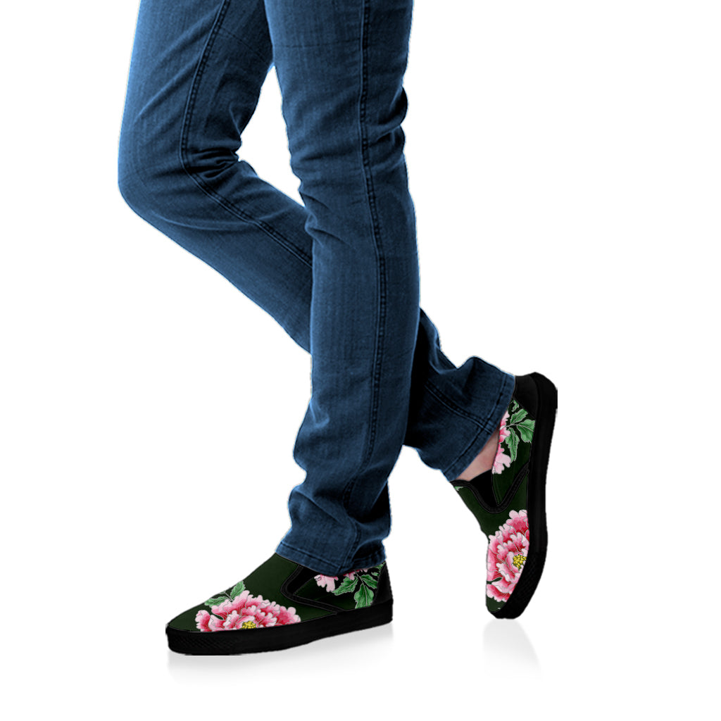 Japanese Peony Print Black Slip On Shoes