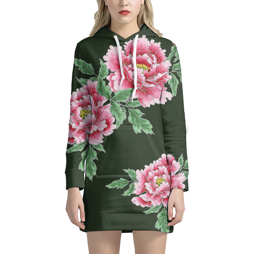 Japanese Peony Print Pullover Hoodie Dress