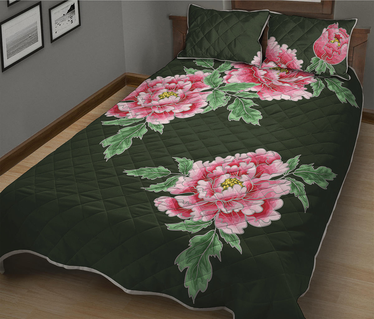 Japanese Peony Print Quilt Bed Set