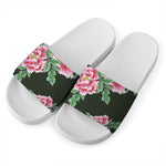 Japanese Peony Print White Slide Sandals