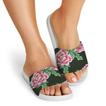 Japanese Peony Print White Slide Sandals