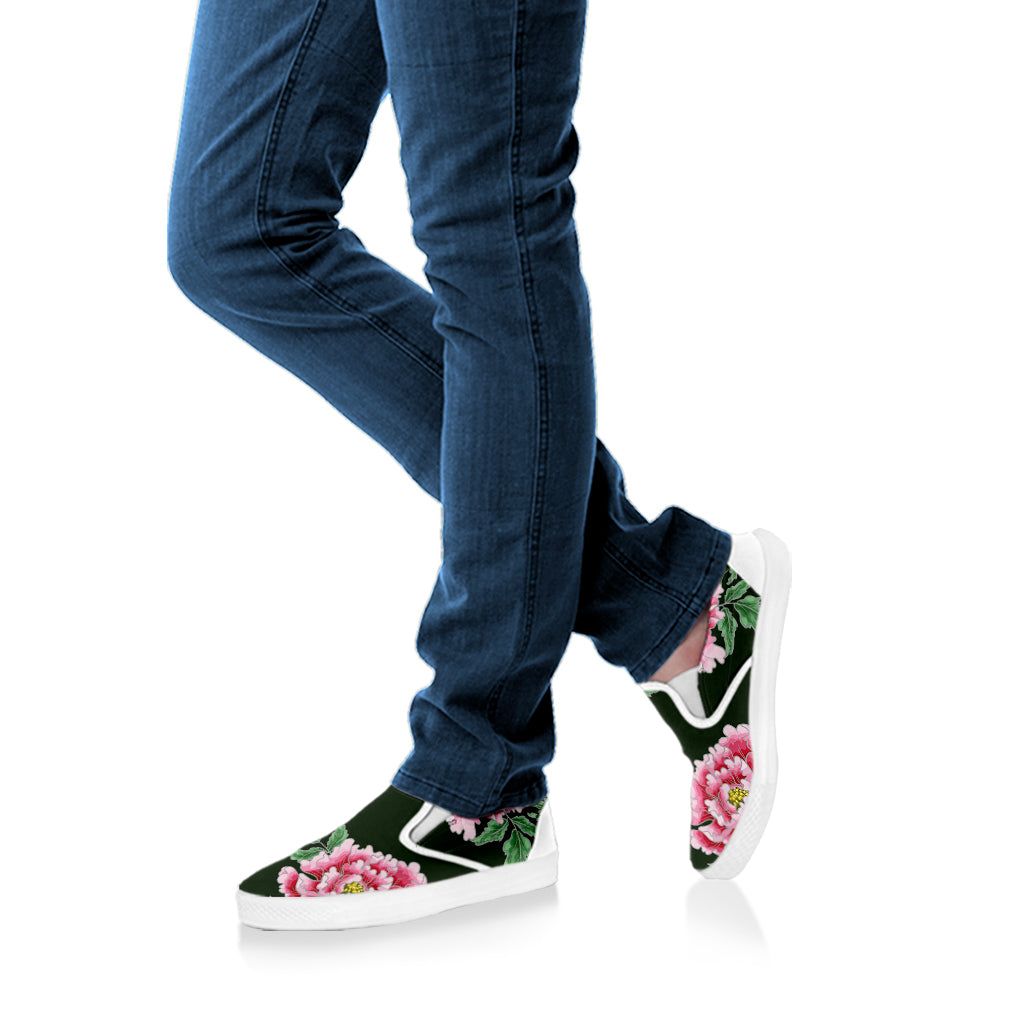Japanese Peony Print White Slip On Shoes