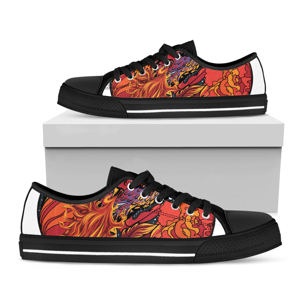 Japanese Phoenix Print Black Low Top Shoes 
