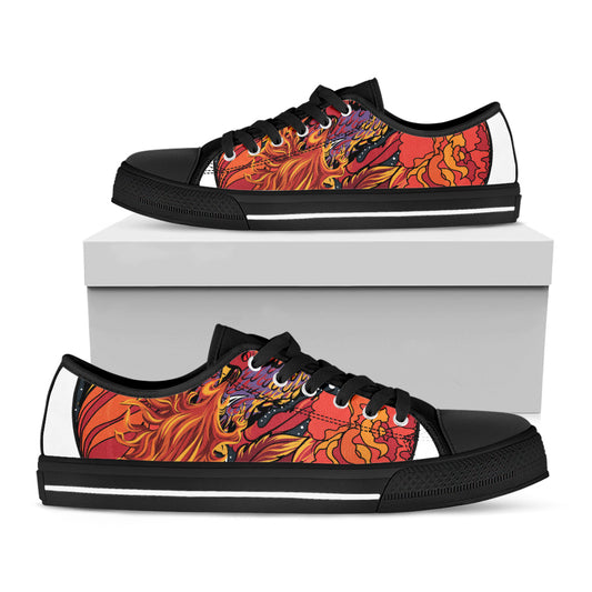 Japanese Phoenix Print Black Low Top Shoes 