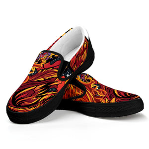 Japanese Phoenix Print Black Slip On Shoes