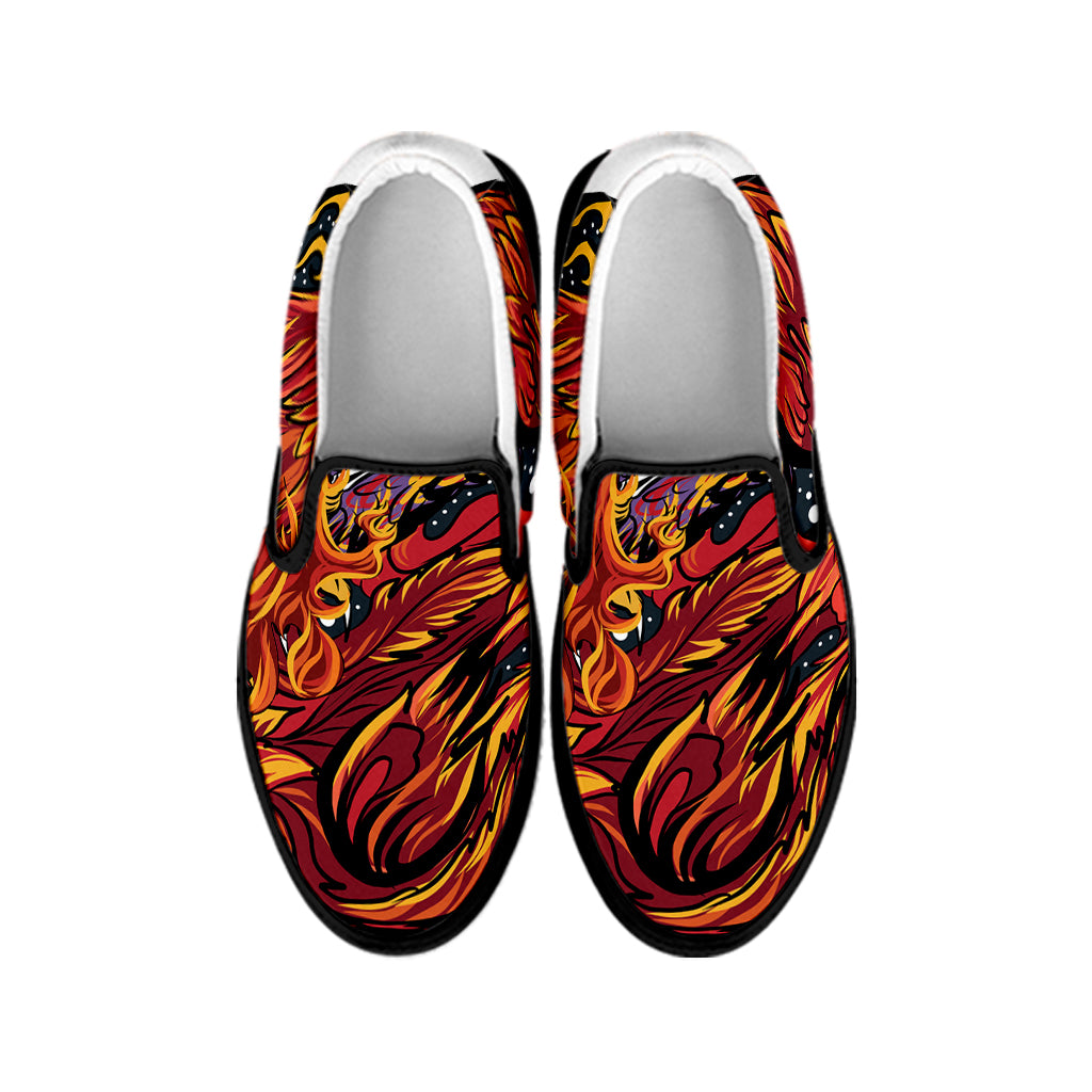 Japanese Phoenix Print Black Slip On Shoes