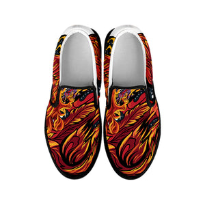 Japanese Phoenix Print Black Slip On Shoes