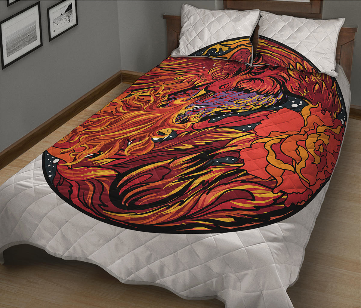 Japanese Phoenix Print Quilt Bed Set