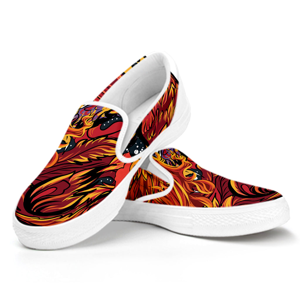 Japanese Phoenix Print White Slip On Shoes
