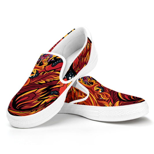 Japanese Phoenix Print White Slip On Shoes