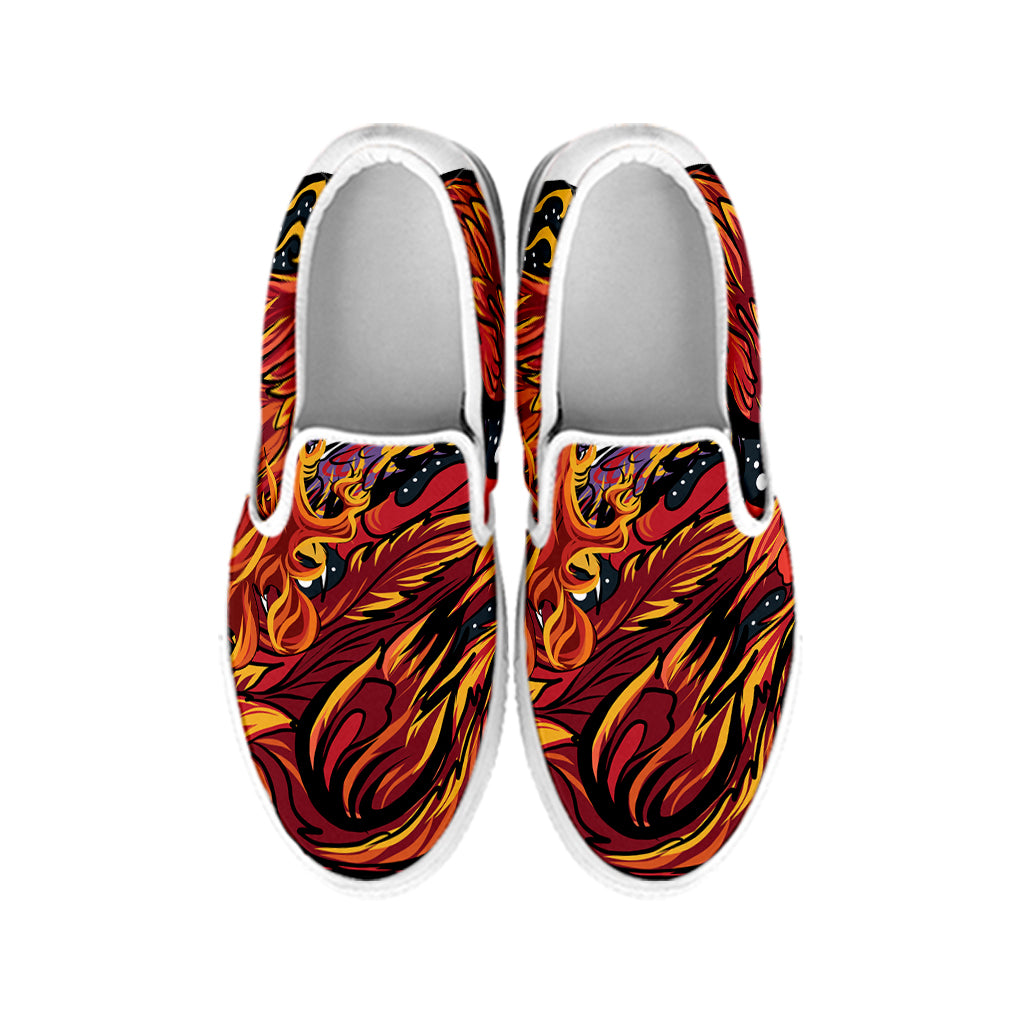 Japanese Phoenix Print White Slip On Shoes