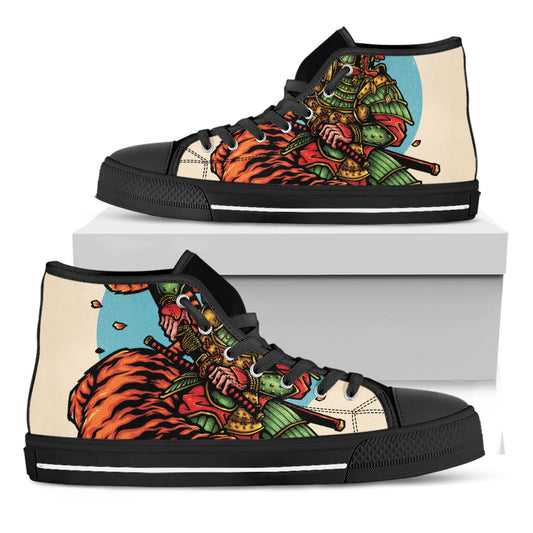 Japanese Samurai And Tiger Print Black High Top Shoes