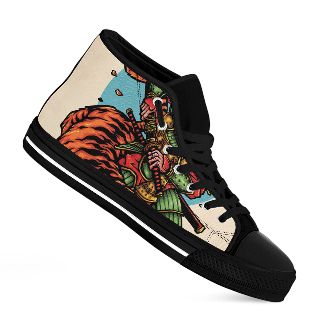 Japanese Samurai And Tiger Print Black High Top Shoes