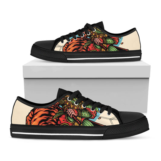 Japanese Samurai And Tiger Print Black Low Top Shoes 