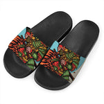 Japanese Samurai And Tiger Print Black Slide Sandals