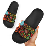 Japanese Samurai And Tiger Print Black Slide Sandals