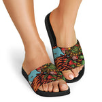 Japanese Samurai And Tiger Print Black Slide Sandals