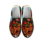 Japanese Samurai And Tiger Print Black Slip On Shoes