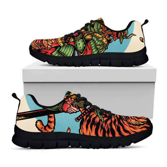 Japanese Samurai And Tiger Print Black Sneakers