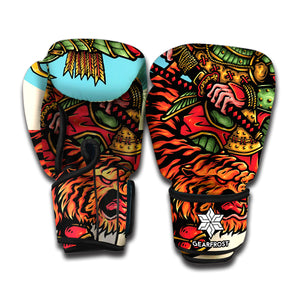 Japanese Samurai And Tiger Print Boxing Gloves