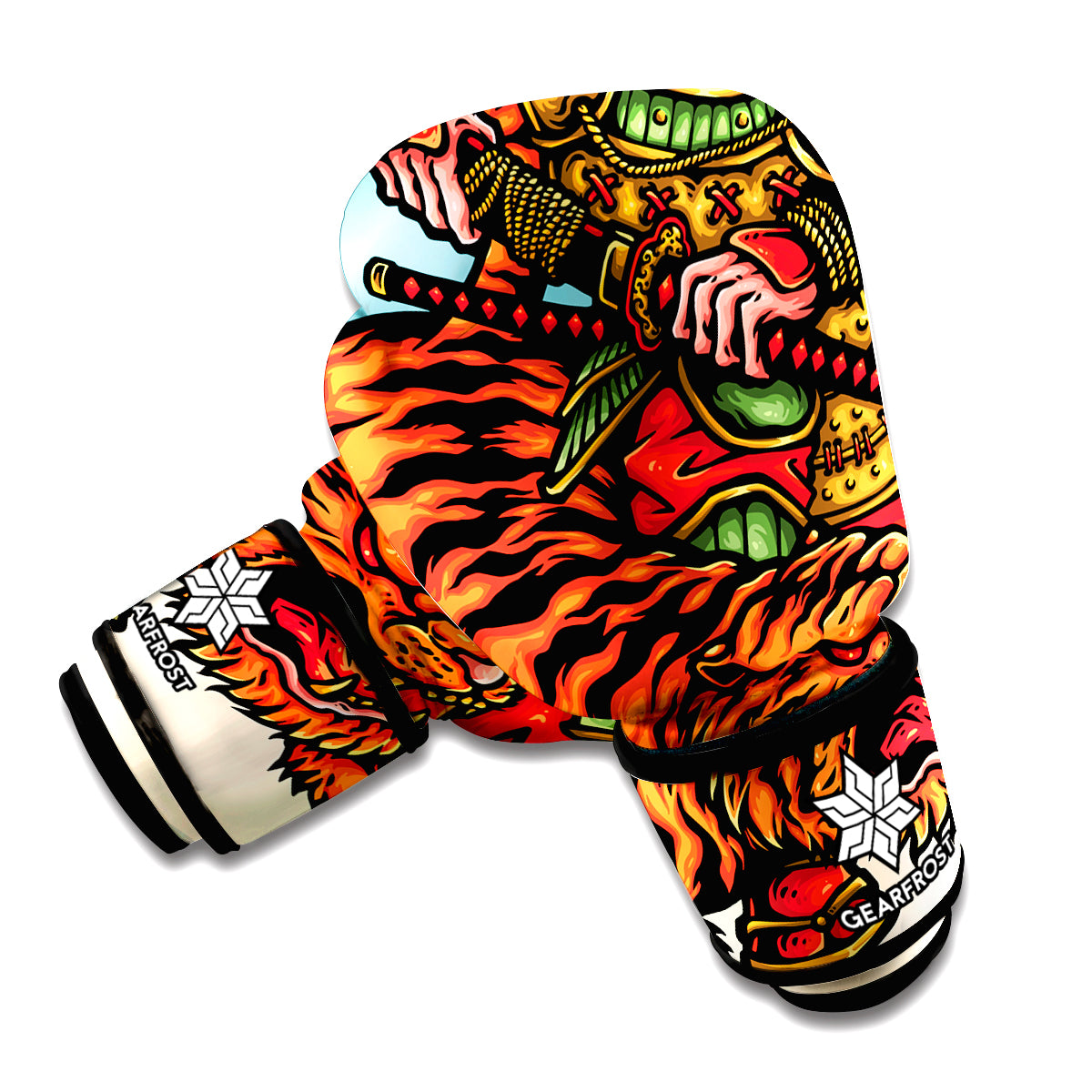 Japanese Samurai And Tiger Print Boxing Gloves