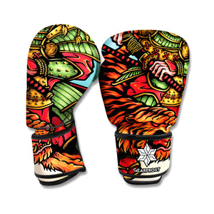 Japanese Samurai And Tiger Print Boxing Gloves