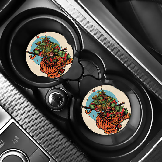 Japanese Samurai And Tiger Print Car Coasters