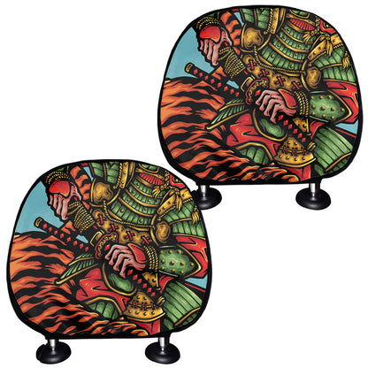 Japanese Samurai And Tiger Print Car Headrest Covers