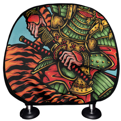 Japanese Samurai And Tiger Print Car Headrest Covers
