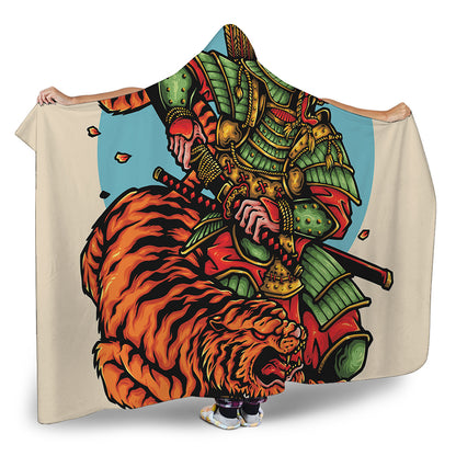 Japanese Samurai And Tiger Print Hooded Blanket