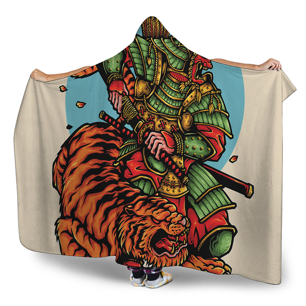 Japanese Samurai And Tiger Print Hooded Blanket