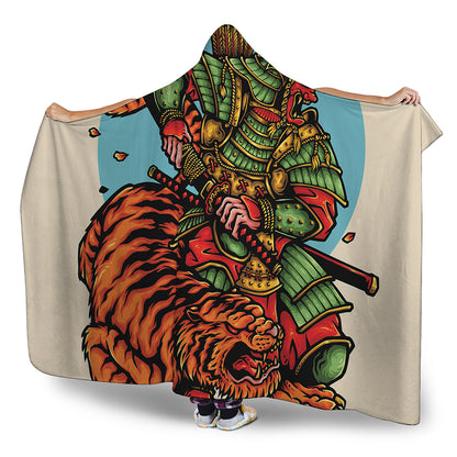 Japanese Samurai And Tiger Print Hooded Blanket