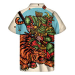 Japanese Samurai And Tiger Print Men's Short Sleeve Shirt
