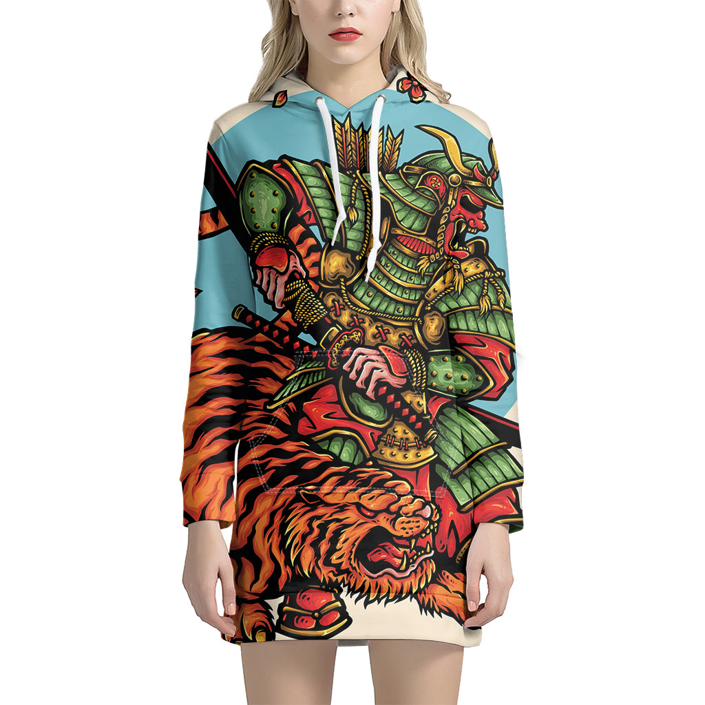 Japanese Samurai And Tiger Print Pullover Hoodie Dress