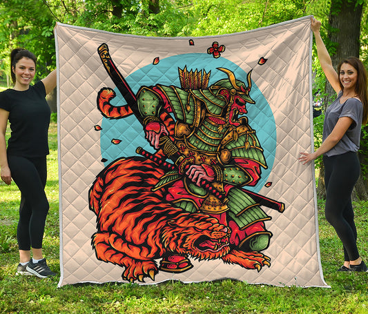 Japanese Samurai And Tiger Print Quilt