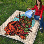 Japanese Samurai And Tiger Print Quilt