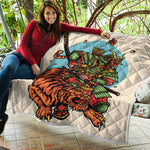 Japanese Samurai And Tiger Print Quilt