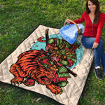 Japanese Samurai And Tiger Print Quilt