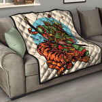 Japanese Samurai And Tiger Print Quilt
