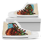Japanese Samurai And Tiger Print White High Top Shoes