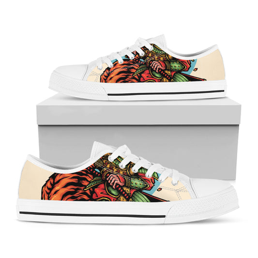 Japanese Samurai And Tiger Print White Low Top Shoes
