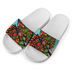 Japanese Samurai And Tiger Print White Slide Sandals