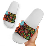 Japanese Samurai And Tiger Print White Slide Sandals
