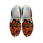 Japanese Samurai And Tiger Print White Slip On Shoes