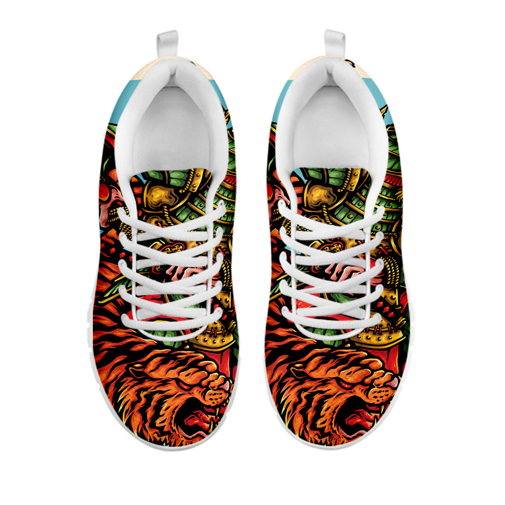 Japanese Samurai And Tiger Print White Sneakers
