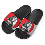 Japanese Samurai Girl Print Black Slide Sandals