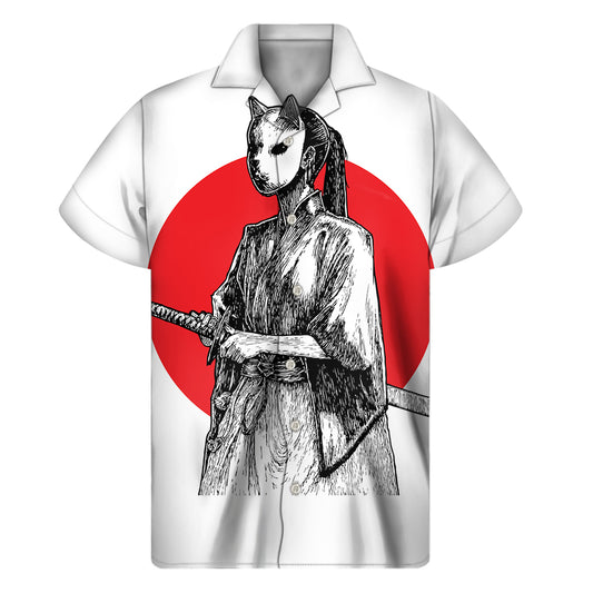 Japanese Samurai Girl Print Men's Short Sleeve Shirt