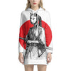 Japanese Samurai Girl Print Pullover Hoodie Dress